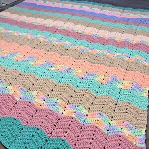 Handmade Crochet Afghan Throw Blanket Pastel Colors Granny Core Chevron 60"x49"